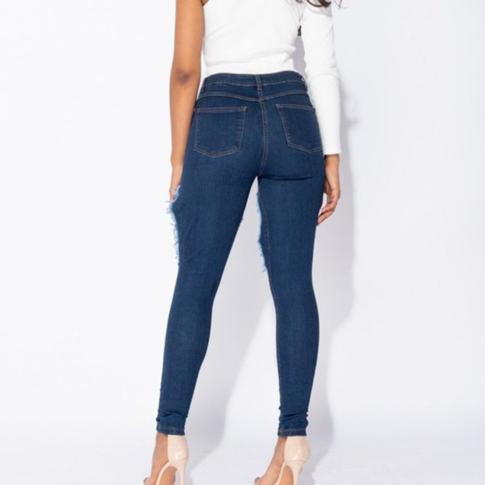 Blue High Waist Ripped Distressed Skinny Denim Jeans Pants - Picture 7 of 13